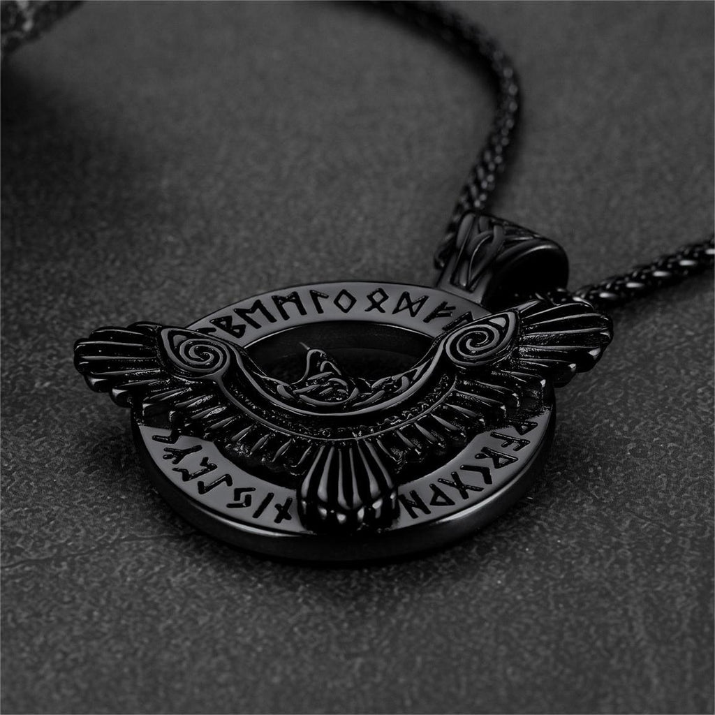 Viking Odin's Raven Necklace For Men With Runes
