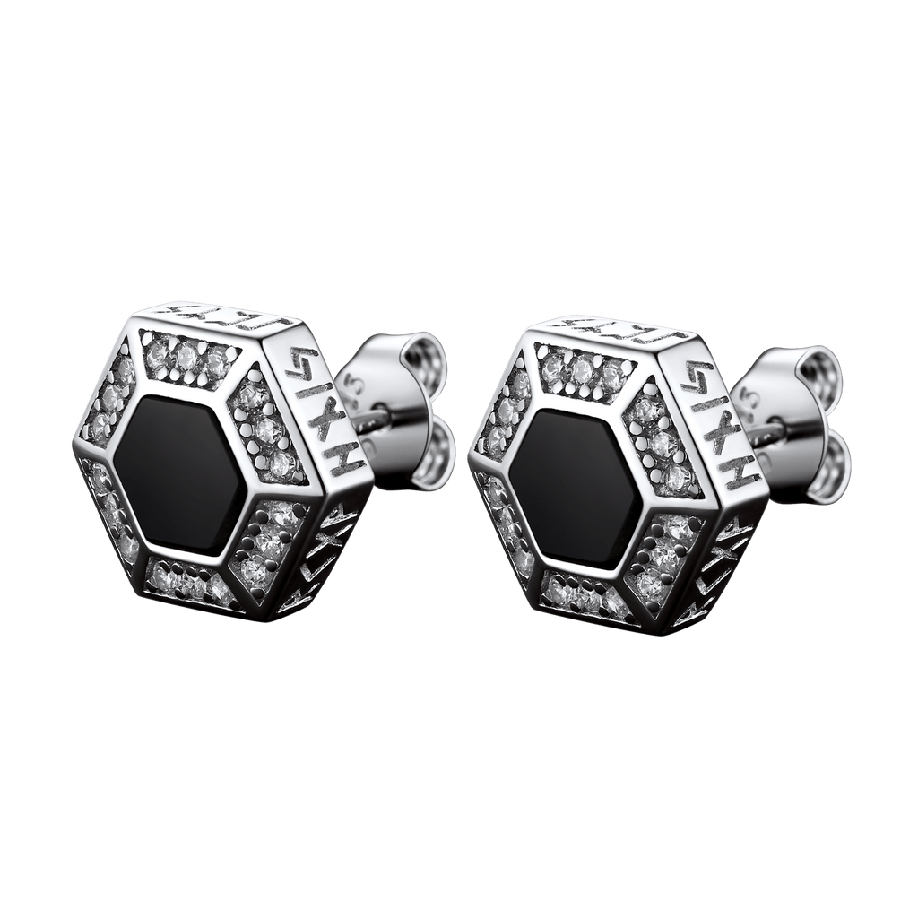 Viking Rune Hexagon Black Onyx Stud Earrings for Men