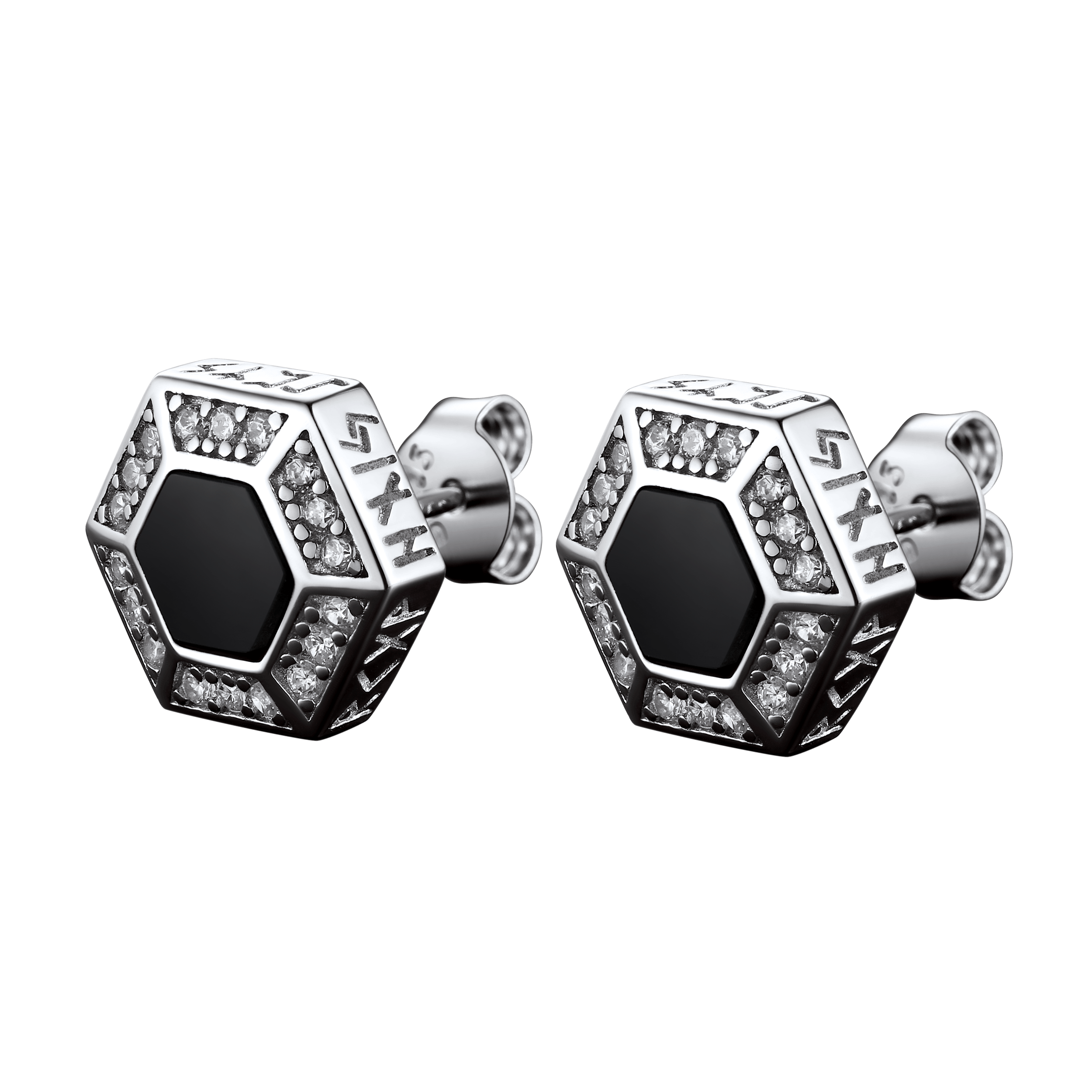 Viking Rune Hexagon Black Onyx Stud Earrings for Men
