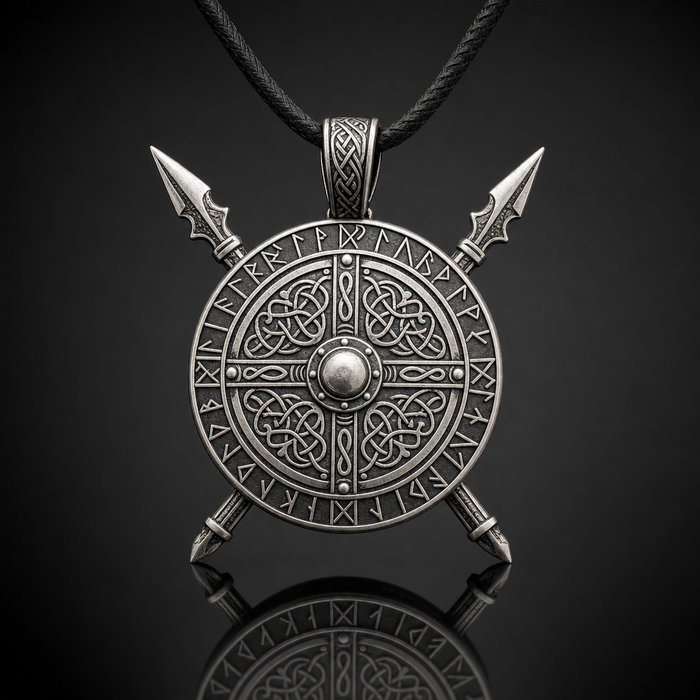 Viking Crossed Spear & Shield Pendant Necklace