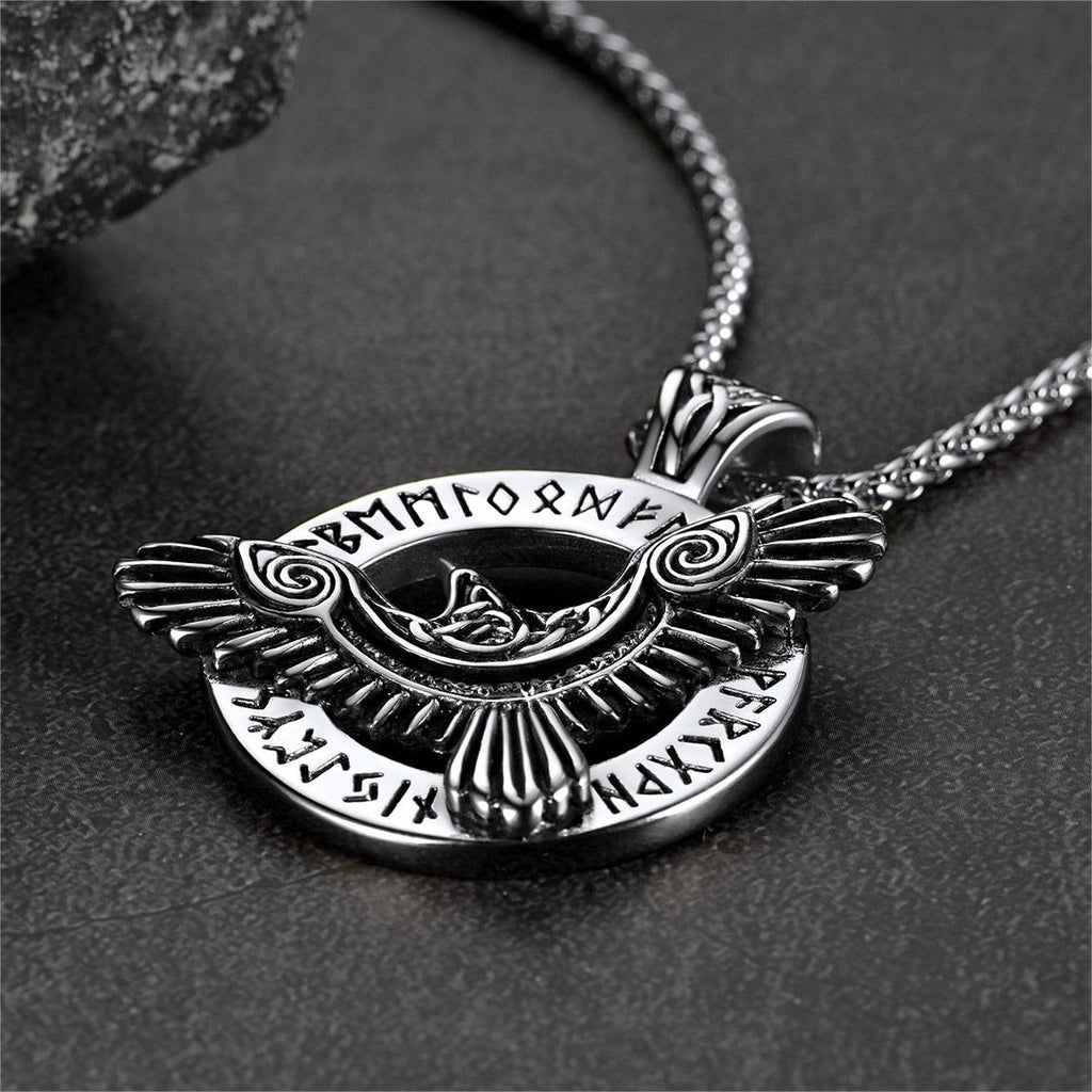 Viking Odin's Raven Necklace For Men With Runes