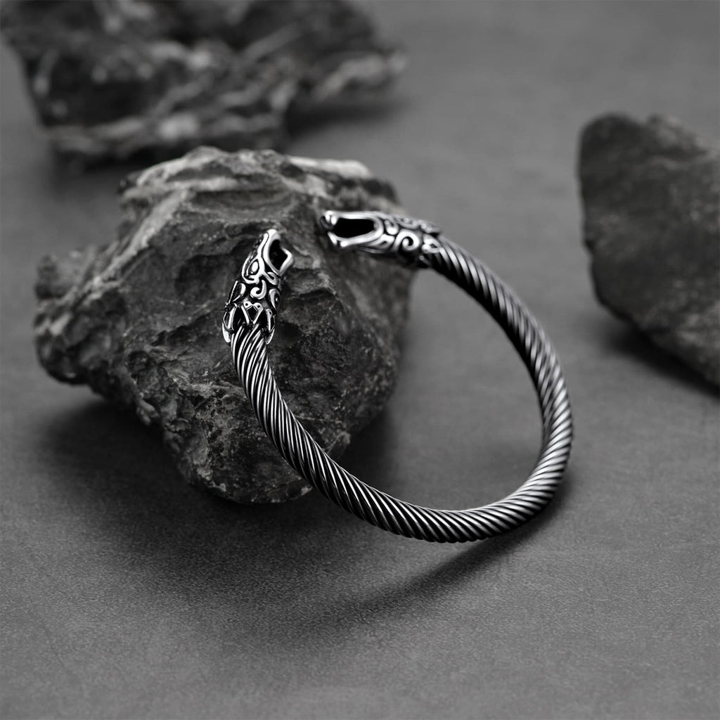 Viking Bracelet Norse Wolf Heads Cuff Bangle For Men