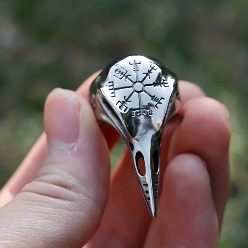 Men's Crow Skull Vegvisir Ring