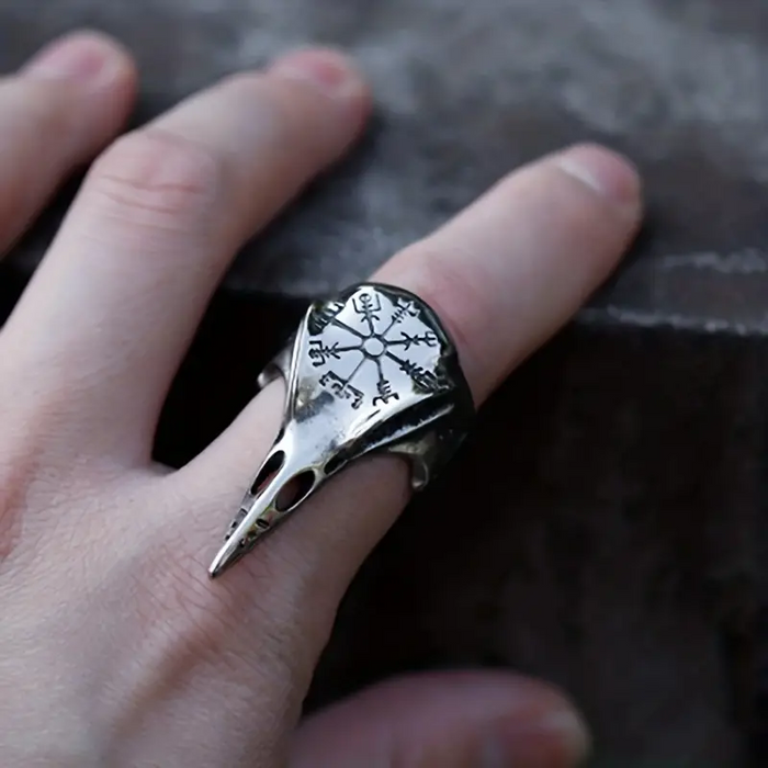 Men's Crow Skull Vegvisir Ring