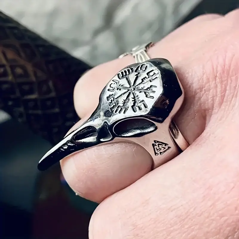 Men's Crow Skull Vegvisir Ring