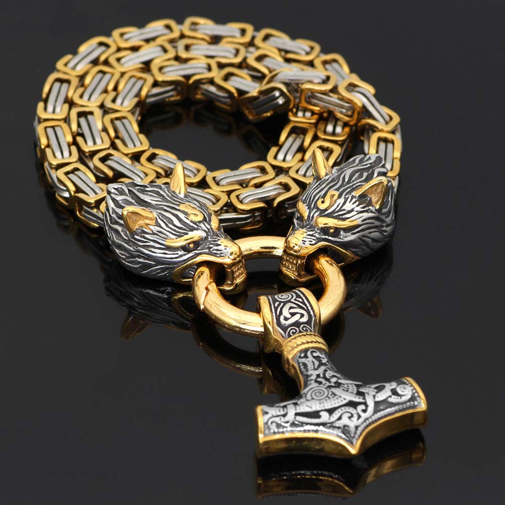 Vintage Viking Mjolnir With Wolves Necklace & Bracelet