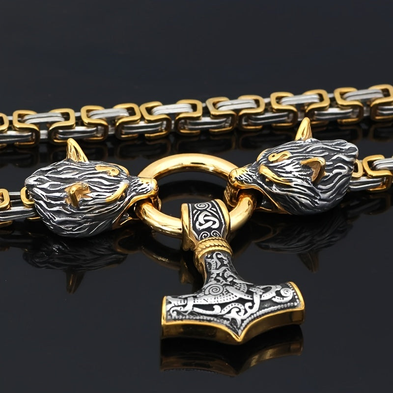 Vintage Viking Mjolnir With Wolves Necklace & Bracelet