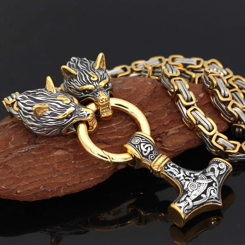 Vintage Viking Mjolnir With Wolves Necklace & Bracelet