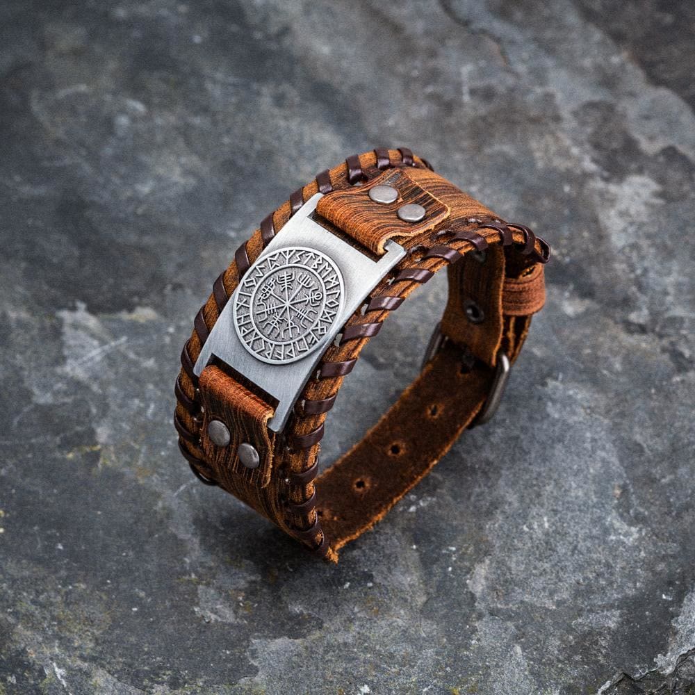 Genuine Leather Buckle Arm Cuff Vegvisir Metal Bracelet