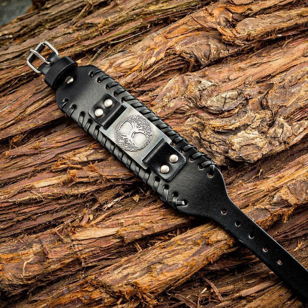 Genuine Leather Buckle Arm Cuff Yggdrasil Metal Bracelet