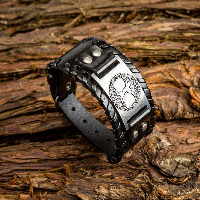 Genuine Leather Buckle Arm Cuff Yggdrasil Metal Bracelet