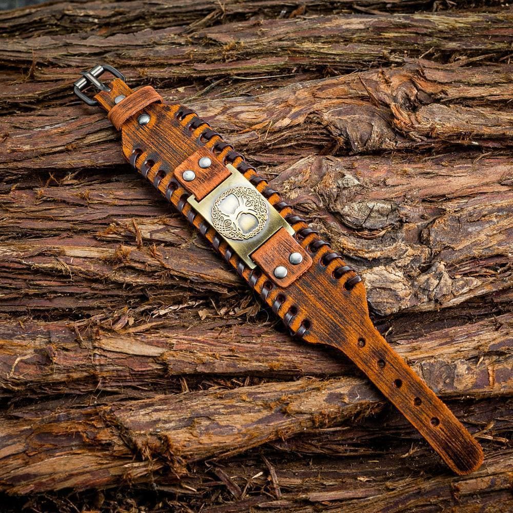 Genuine Leather Buckle Arm Cuff Yggdrasil Metal Bracelet
