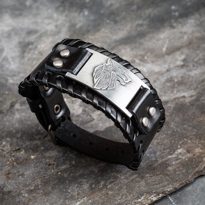 Genuine Leather Buckle Arm Cuff Wolves Metal Bracelet