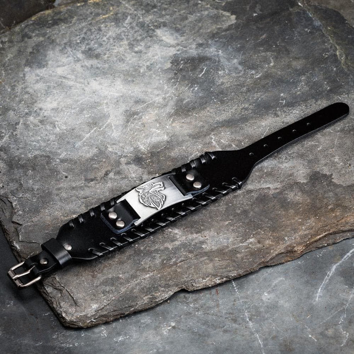 Genuine Leather Buckle Arm Cuff Wolves Metal Bracelet