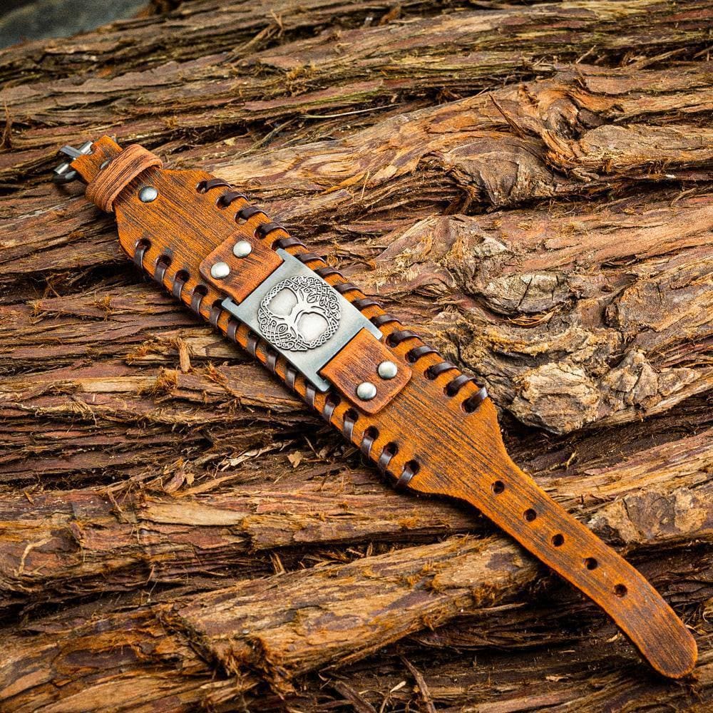 Genuine Leather Buckle Arm Cuff Yggdrasil Metal Bracelet