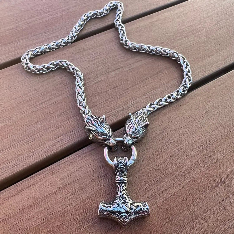 Vintage Viking Mjolnir With Wolves Necklace & Bracelet