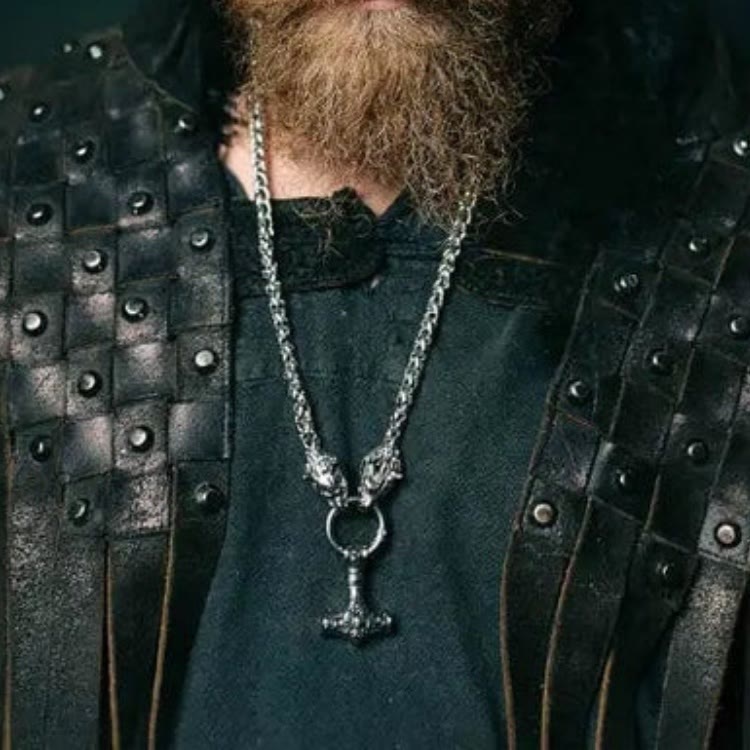 Vintage Viking Mjolnir With Wolves Necklace & Bracelet