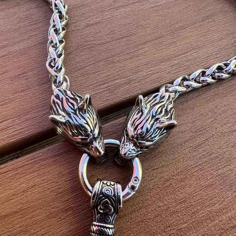 Vintage Viking Mjolnir With Wolves Necklace & Bracelet