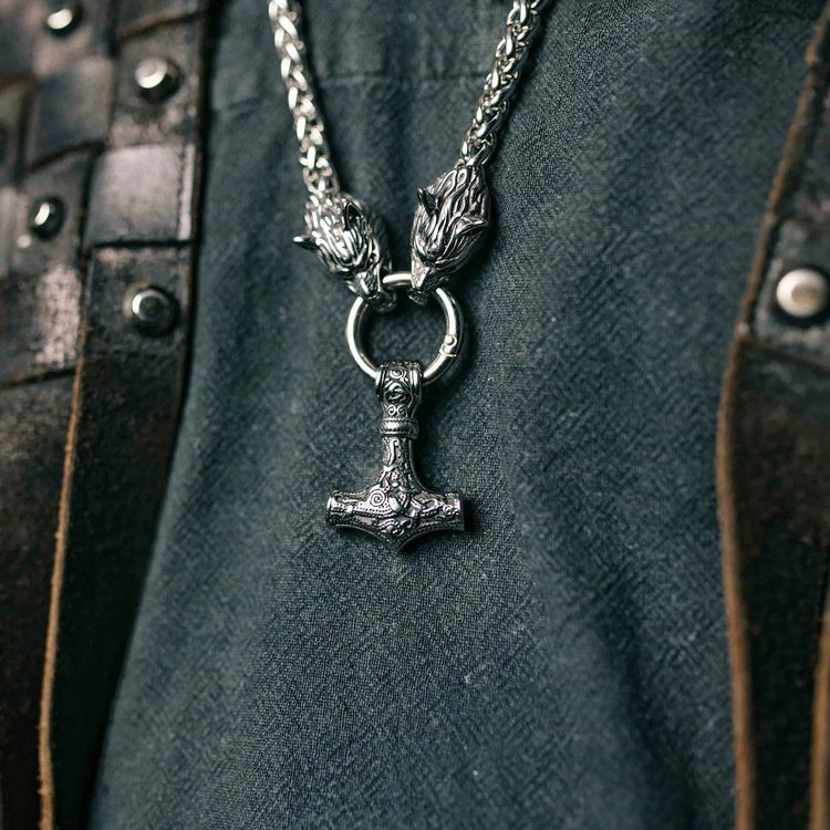 Vintage Viking Mjolnir With Wolves Necklace & Bracelet