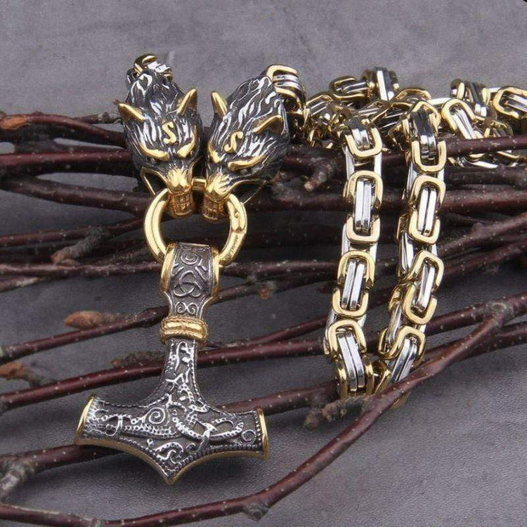 Vintage Viking Mjolnir With Wolves Necklace & Bracelet