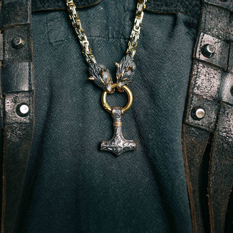 Vintage Viking Mjolnir With Wolves Necklace & Bracelet