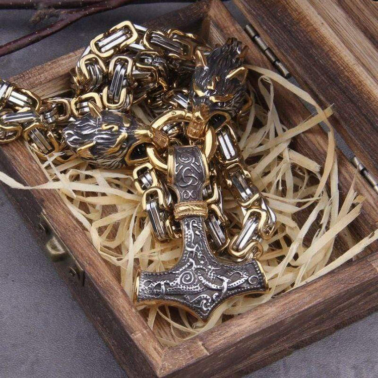 Vintage Viking Mjolnir With Wolves Necklace & Bracelet
