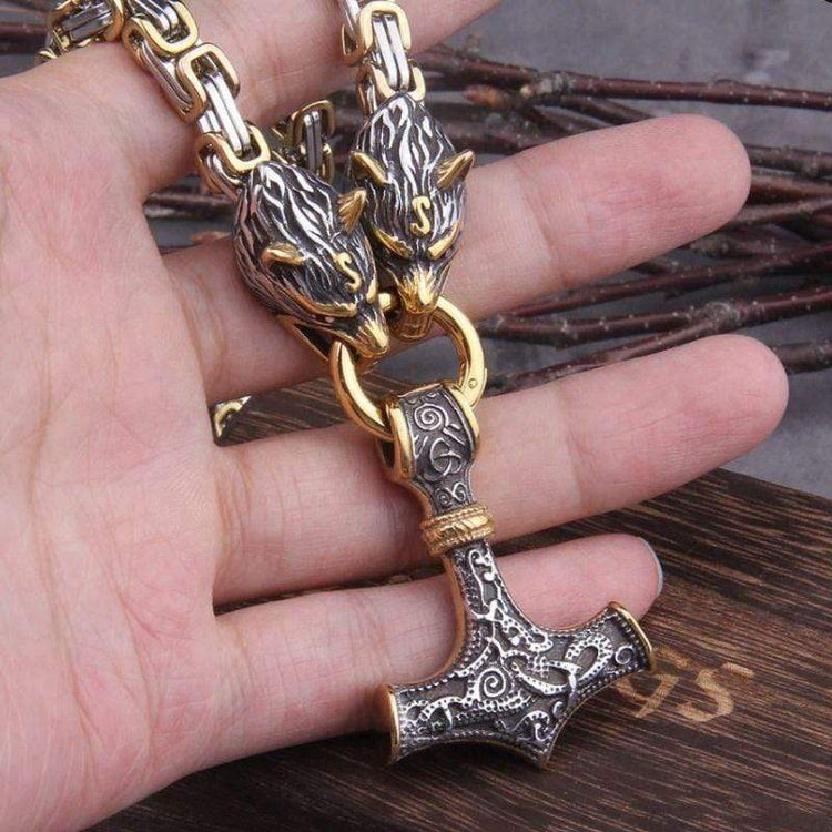Vintage Viking Mjolnir With Wolves Necklace & Bracelet