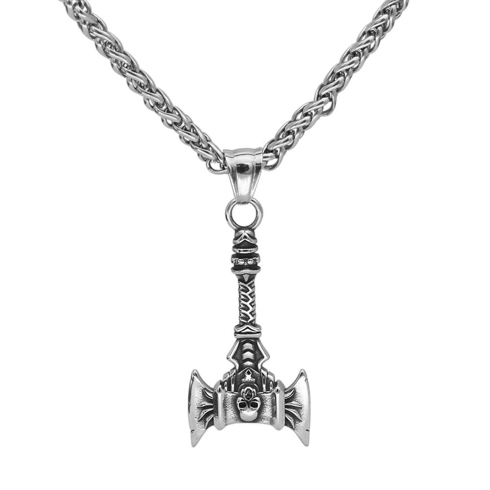 Norse Skull Viking Double Axe Necklace