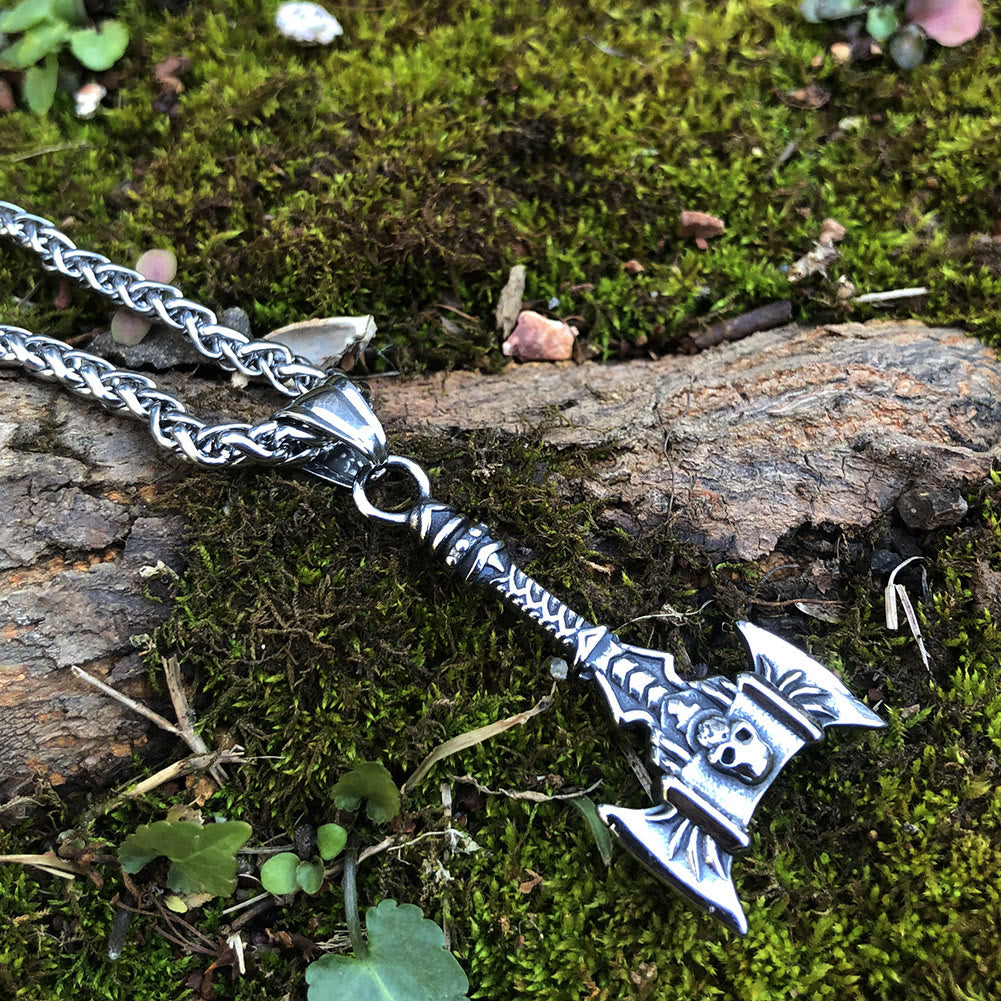 Norse Skull Viking Double Axe Necklace