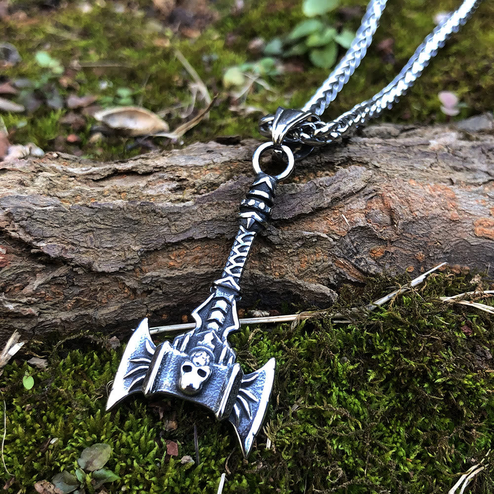 Norse Skull Viking Double Axe Necklace