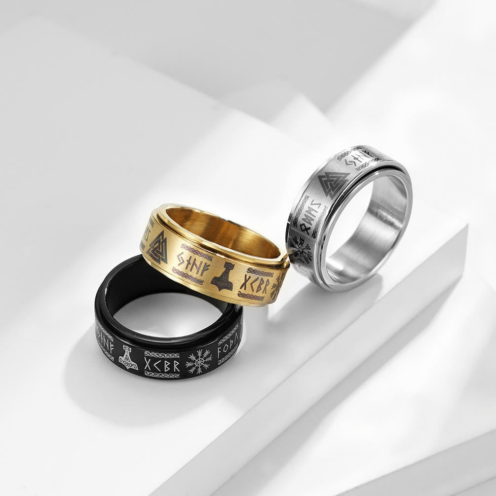 Rune Vegvisir Mjolnir Spinner Ring