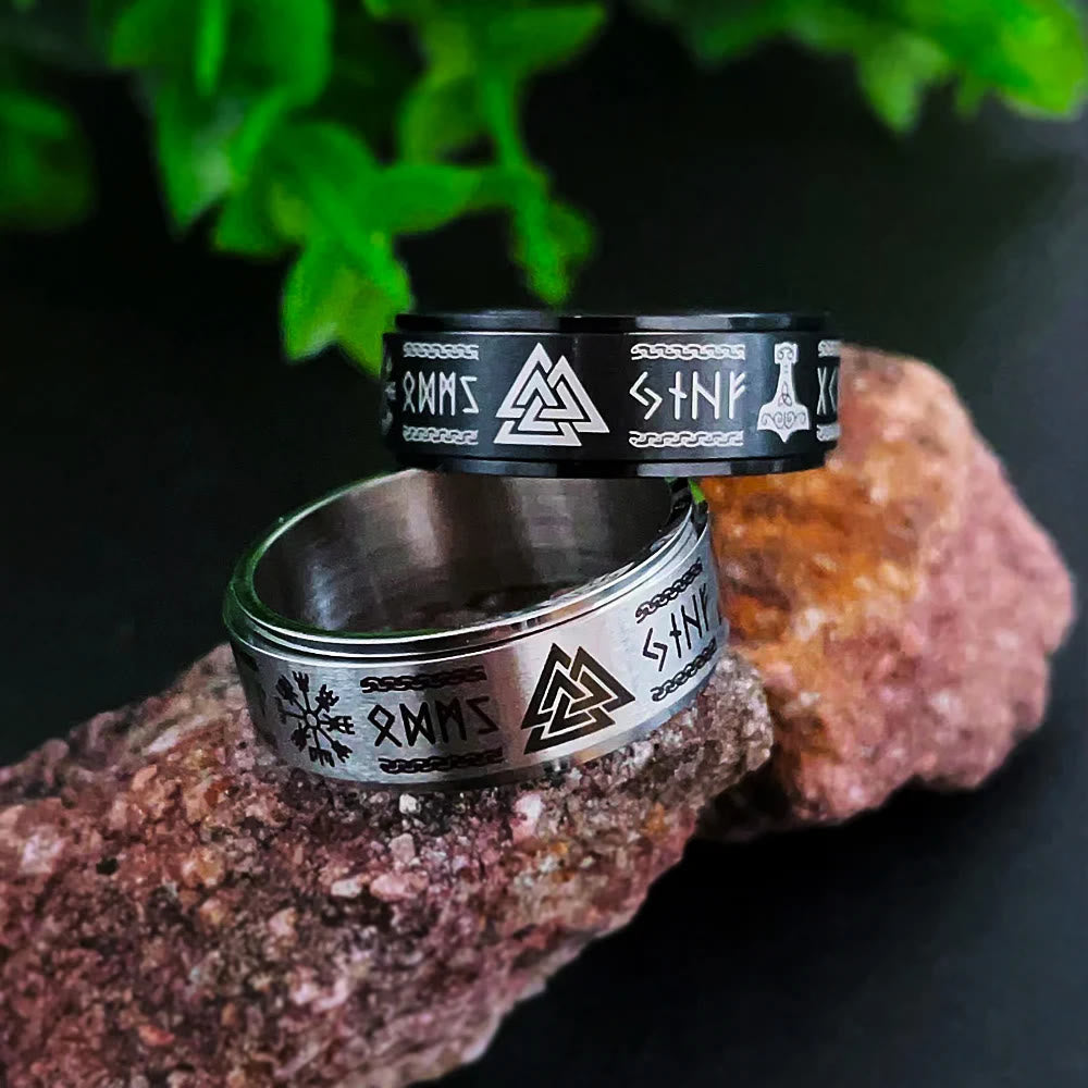 Rune Vegvisir Mjolnir Spinner Ring