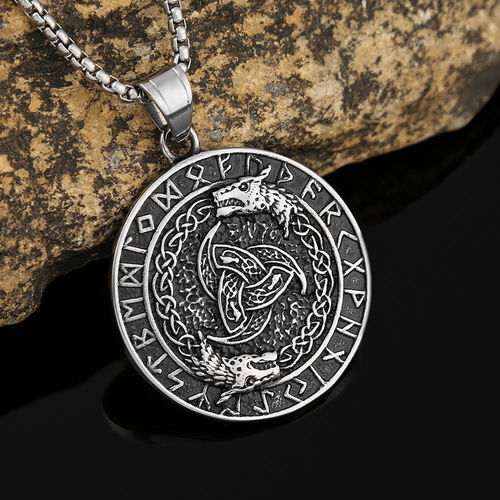 Viking Rune Triple Horn of Odin Dragon Necklace