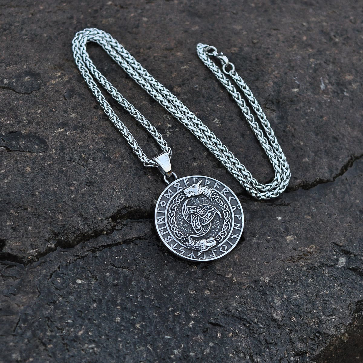Viking Rune Triple Horn of Odin Dragon Necklace