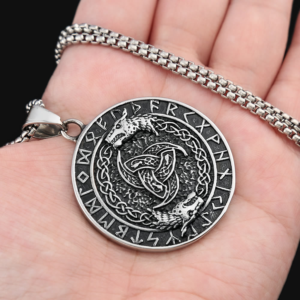 Viking Rune Triple Horn of Odin Dragon Necklace