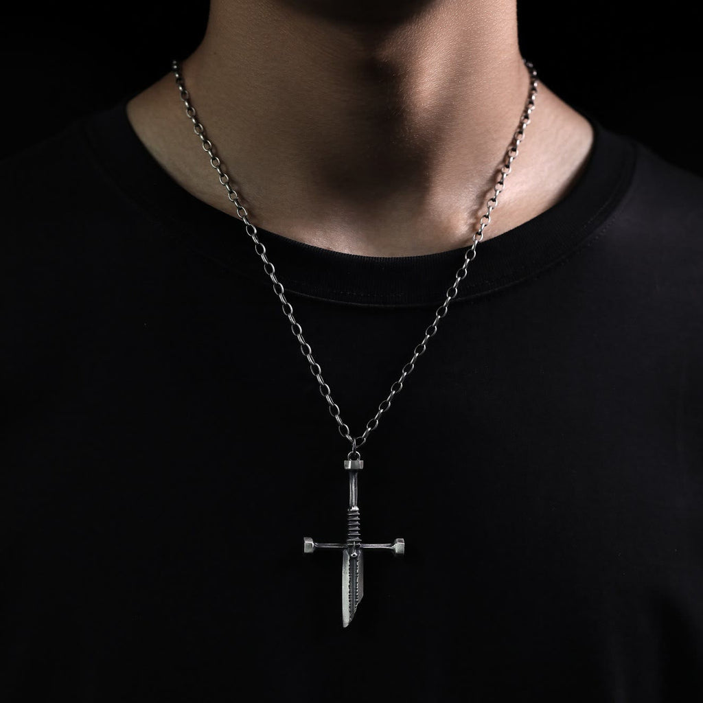 Cross Broken Holy Sword Unique Pin Badge Necklace