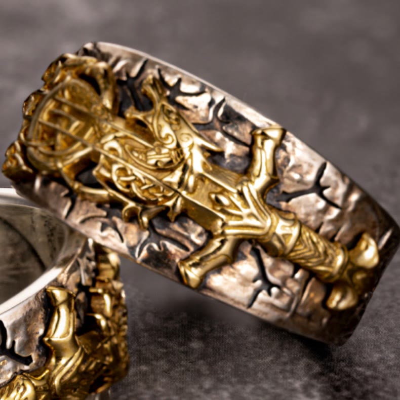 Handcrafted 925 Silver Sword Norse Dragon Open Ring