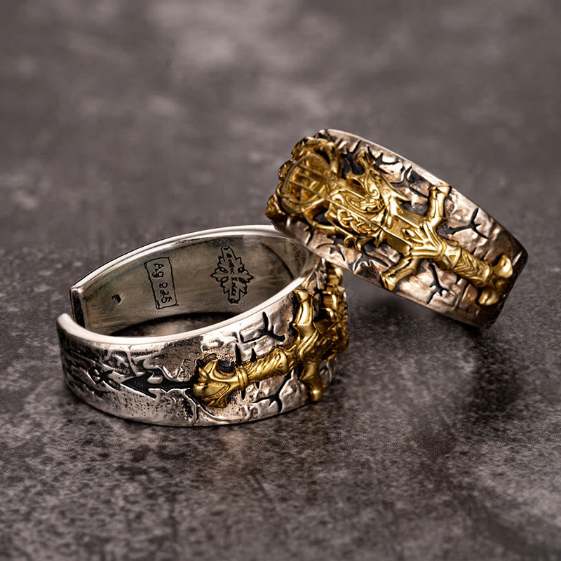 Handcrafted 925 Silver Sword Norse Dragon Open Ring