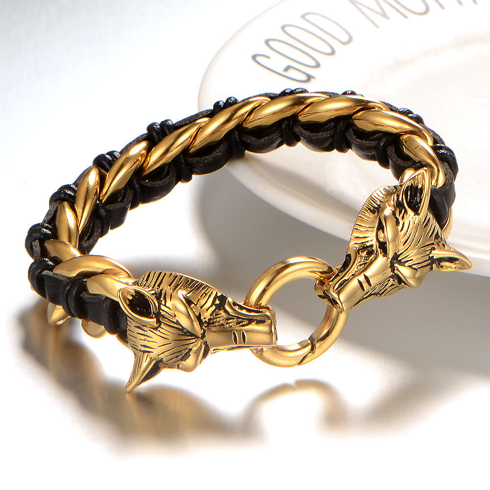 Wolves Head Interwoven Leather Chain Bracelet