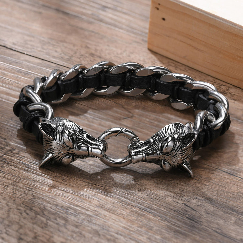 Wolves Head Interwoven Leather Chain Bracelet