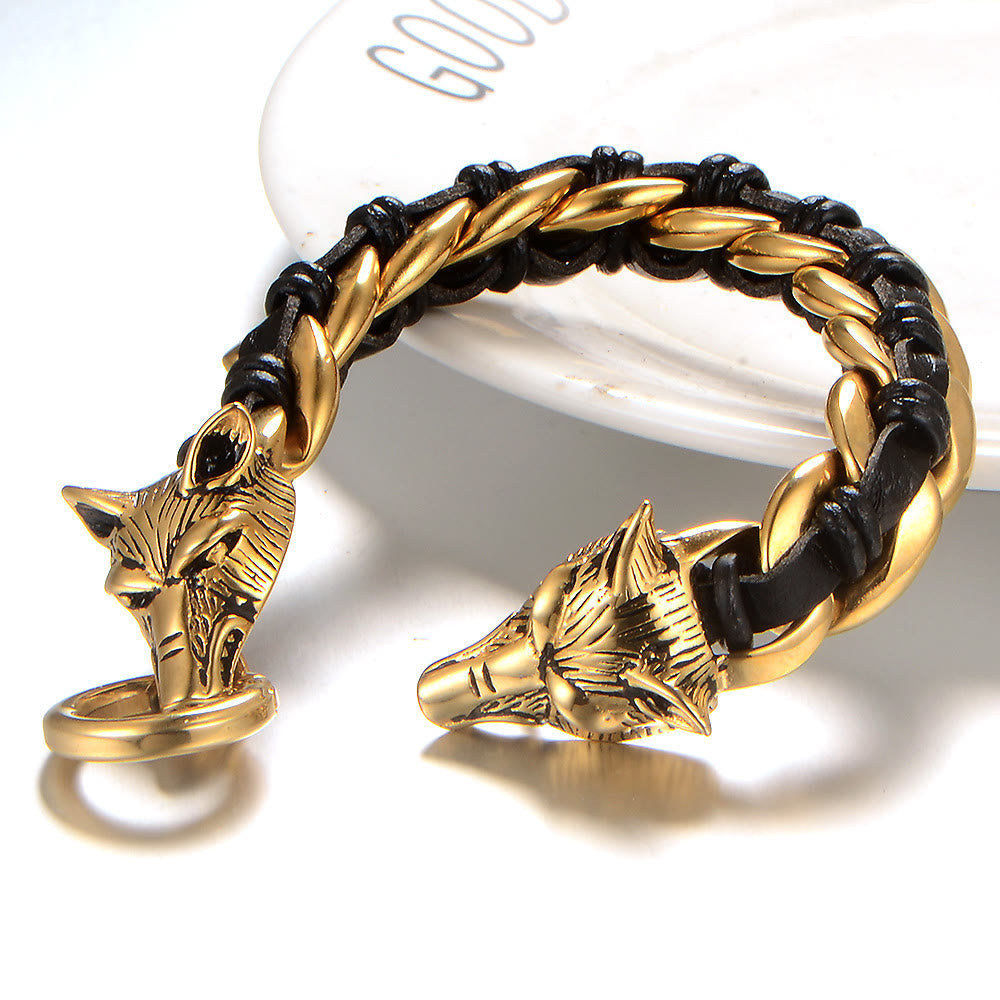 Wolves Head Interwoven Leather Chain Bracelet