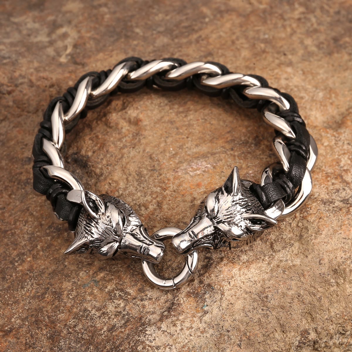 Wolves Head Interwoven Leather Chain Bracelet