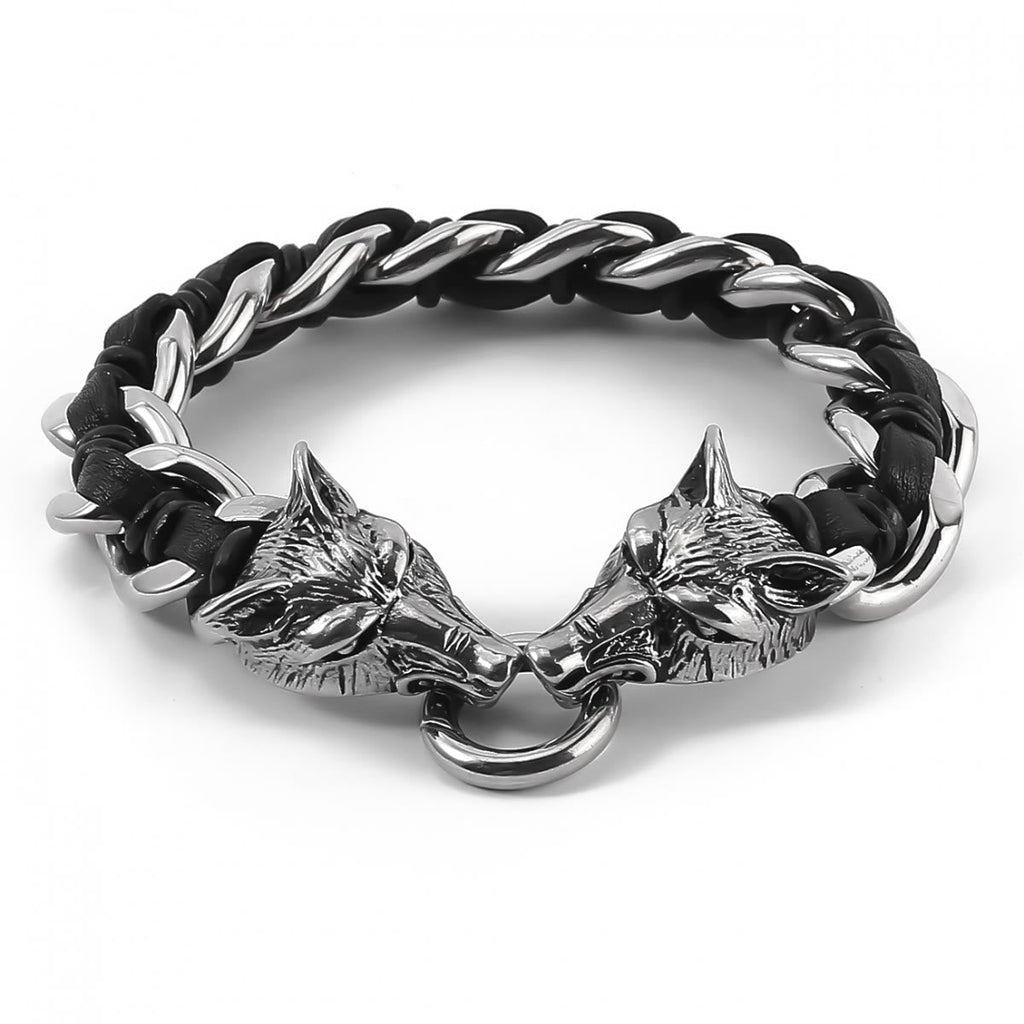 Wolves Head Interwoven Leather Chain Bracelet