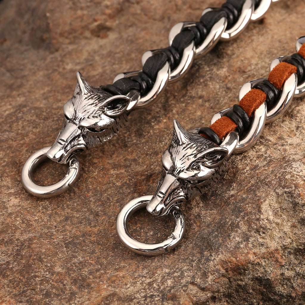 Wolves Head Interwoven Leather Chain Bracelet