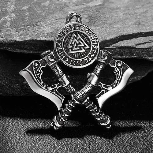 Crossed Viking Axe Valknut Rune Necklace