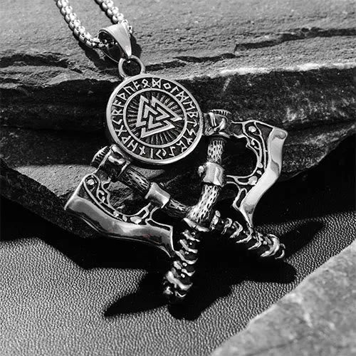 Crossed Viking Axe Valknut Rune Necklace