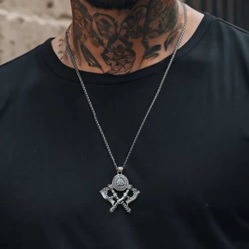 Crossed Viking Axe Valknut Rune Necklace