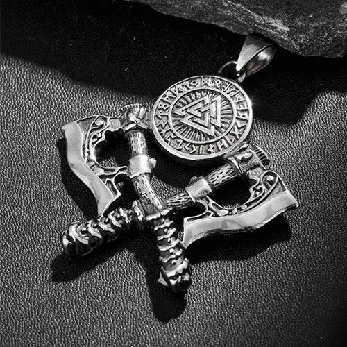 Crossed Viking Axe Valknut Rune Necklace