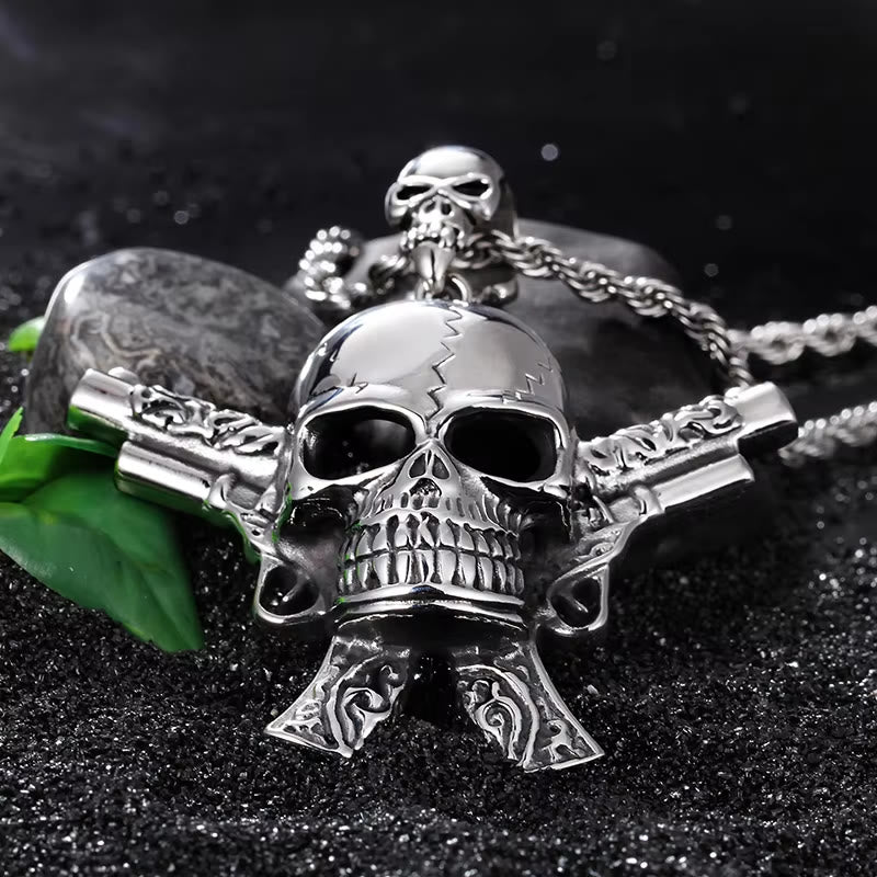 Cracked Skull Crossed Pistols Necklace