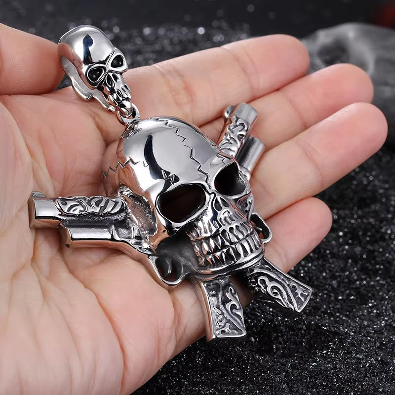 Cracked Skull Crossed Pistols Necklace